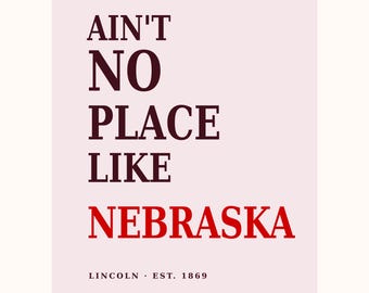 Puede incluir: Una impresión rectangular sobre un fondo rosa claro con el texto AIN'T NO PLACE LIKE en granate oscuro, seguido de la palabra NEBRASKA en letras mayúsculas rojas. Debajo, el texto LINCOLN · EST. 1869 aparece en una fuente granate más pequeña.