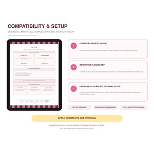 Puede incluir: Una gu&iacute;a de configuraci&oacute;n de planificador digital con una tableta que muestra una p&aacute;gina de configuraci&oacute;n con bordes rosas y negros. El texto incluye COMPATIBILITY & SETUP, DOWNLOAD FROM ETSY.COM, IMPORT THE PLANNER PDF, OPEN LINKS & COMPLETE OPTIONAL SETUP y APPLE SHORTCUTS ARE OPTIONAL.