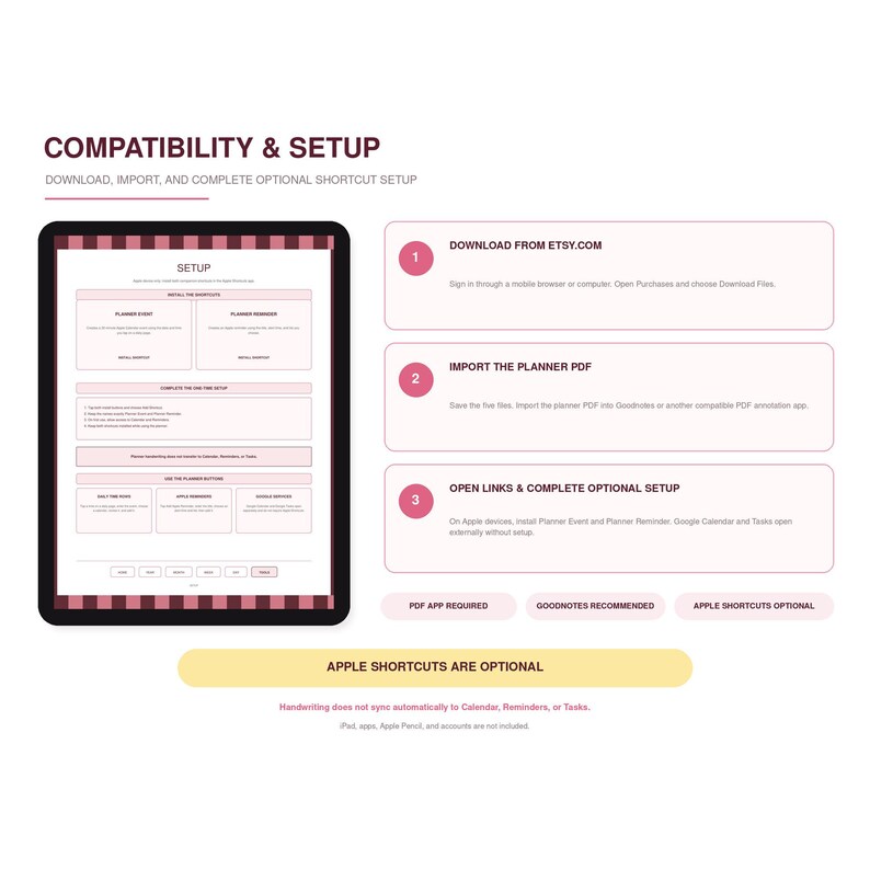 Puede incluir: Una gu&iacute;a de configuraci&oacute;n de planificador digital con una tableta que muestra una p&aacute;gina de configuraci&oacute;n con bordes rosas y negros. El texto incluye COMPATIBILITY & SETUP, DOWNLOAD FROM ETSY.COM, IMPORT THE PLANNER PDF, OPEN LINKS & COMPLETE OPTIONAL SETUP y APPLE SHORTCUTS ARE OPTIONAL.