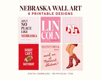 Juego de 6 láminas decorativas de Nebraska para pared, pósteres imprimibles en rosa y rojo para dormitorios universitarios, descarga digital.