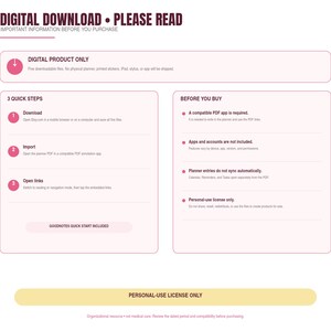 Puede incluir: Una infograf&iacute;a de informaci&oacute;n de descarga digital con fondo blanco y cuadros de color rosa claro. El texto dice: DIGITAL DOWNLOAD &bull; PLEASE READ, DIGITAL PRODUCT ONLY, 3 QUICK STEPS, BEFORE YOU BUY y PERSONAL-USE LICENSE ONLY.