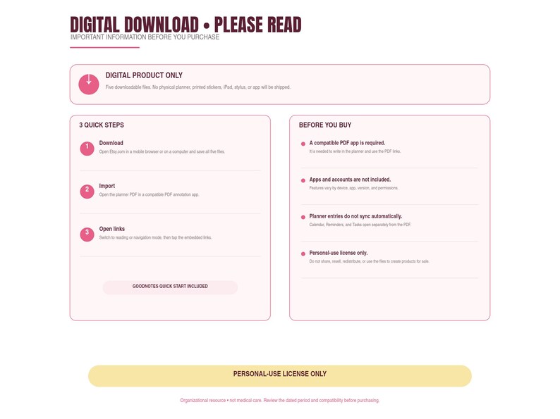 Puede incluir: Una infograf&iacute;a de informaci&oacute;n de descarga digital con fondo blanco y cuadros de color rosa claro. El texto dice: DIGITAL DOWNLOAD &bull; PLEASE READ, DIGITAL PRODUCT ONLY, 3 QUICK STEPS, BEFORE YOU BUY y PERSONAL-USE LICENSE ONLY.
