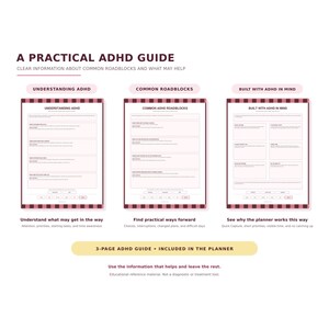 Puede incluir: Una gu&iacute;a de TDAH de tres p&aacute;ginas con las secciones Understanding ADHD, Common Roadblocks y Built With ADHD In Mind. Cada p&aacute;gina contiene cuadros de texto estructurados sobre un fondo rosa claro con bordes a cuadros de color rojo oscuro.
