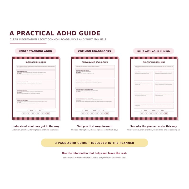 Puede incluir: Una gu&iacute;a de TDAH de tres p&aacute;ginas con las secciones Understanding ADHD, Common Roadblocks y Built With ADHD In Mind. Cada p&aacute;gina contiene cuadros de texto estructurados sobre un fondo rosa claro con bordes a cuadros de color rojo oscuro.