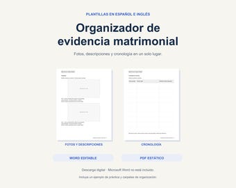 Puede incluir: Un conjunto de plantillas digitales titulado Organizador de evidencia matrimonial con dos diseños de documentos. Una página muestra marcadores de posición para fotos con campos de texto, mientras la otra presenta una tabla cronológica.