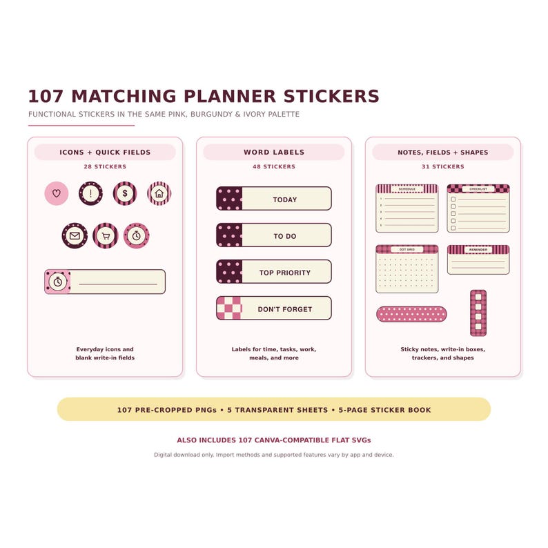 Puede incluir: Un conjunto de 107 pegatinas para planificador a juego en una paleta de colores rosa, burdeos y marfil. La colecci&oacute;n incluye iconos, campos r&aacute;pidos, etiquetas de palabras, notas, campos y formas, presentados en tres secciones.