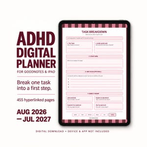 Agenda digital para TDAH 2026-2027, Goodnotes para iPad, vista diaria, semanal y mensual con hipervínculos, pegatinas PNG y SVG.