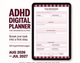 Agenda digital para TDAH 2026-2027, Goodnotes para iPad, vista diaria, semanal y mensual con hipervínculos, pegatinas PNG y SVG.