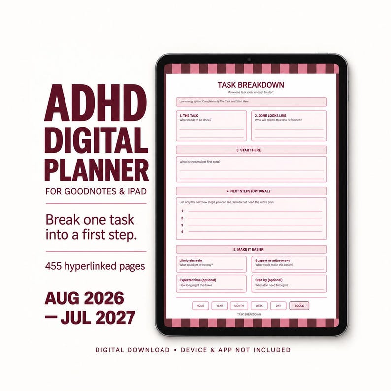 ADHD digital planner for Goodnotes and iPad showing the Task Breakdown page, dated August 2026–July 2027. Digital download; device and app not included.