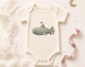 Body de bebé con diseño de submarino vintage, regalo náutico para baby shower, conjunto para recién nacido con ilustración de transporte vintage (algodón)