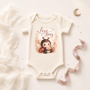 May include: A cream-colored short-sleeve baby bodysuit featuring a central graphic of a cute ladybug character with heart-shaped antennae holding a flower. The text "Love Bug" is printed above the character, surrounded by floral and heart motifs.