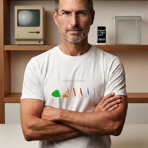 May include: A white short-sleeved t-shirt featuring the text Evolution of iMac and a graphic illustration showing the progression of computer designs in green, orange, red, blue, and purple colours, worn by a person with short hair and round glasses.