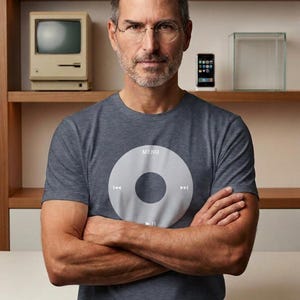 May include: A heathered dark gray short-sleeve t-shirt featuring a large, circular white graphic of a digital music player click wheel. The graphic includes the text MENU at the top, along with standard playback symbols for skip, back, and play/pause.