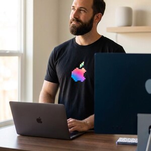 Pode incluir: Uma t-shirt preta de manga curta com um gráfico de maçã pixelizada no peito. O design da maçã é apresentado num gradiente de cores vibrantes, que transita do azul e roxo na base para o rosa, laranja e amarelo no topo.