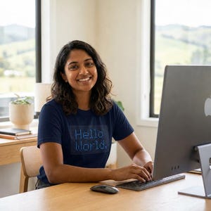 May include: A navy blue short-sleeved t-shirt featuring a light blue grid pattern graphic with the text "Hello World." printed in the center. The shirt has a crew neckline and is made of a solid-colored fabric with a simple, clean design.
