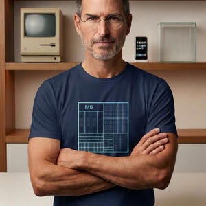 Op de afbeelding: Een marineblauw t-shirt met korte mouwen en een lichtblauwe grafische print van een technisch processorontwerp met de tekst M5 in de linkerbovenhoek. Het ontwerp bestaat uit rechthoekige blokken en rasterpatronen op de borst.