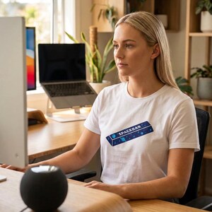 May include: A white short-sleeved t-shirt featuring a rectangular graphic of a dark blue space-themed bar with the text SPACEBAR printed in white, surrounded by small light blue stars and planet illustrations across the chest area.