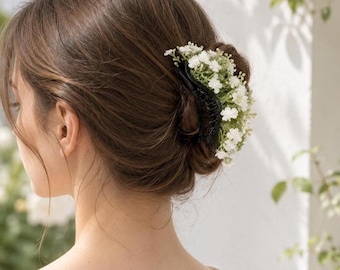 White Floral Bridal Banana Hair Clip, French Ponytail Holder, Wedding Hair Accessory, Bridesmaid Hairpiece, Garden Wedding Clip