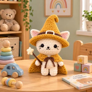 May include: A cream-colored crocheted cat plush toy wearing a mustard yellow witch hat with a brown band and a matching cape. The cat holds a small star-tipped wand in its hand. The toy features black embroidered eyes, a nose, and whiskers.