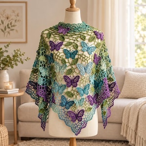 Butterfly Crochet Shawl Pattern, Colorful Lace Poncho PDF, 3D Butterfly and Leaf Motifs, Beginner Friendly Crochet Tutorial
