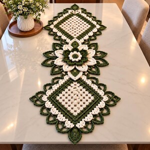 Crochet Table Runner Pattern PDF, Floral Lace Table Decor, Green and Cream Granny Square Runner, Crochet Home Decor, Digital Download