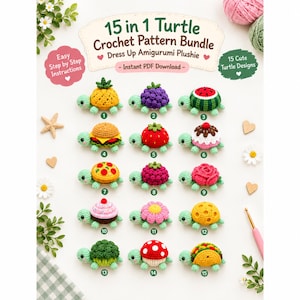 Peut inclure: Un ensemble de modèles numériques intitulé 15 in 1 Turtle Crochet Pattern Bundle Dress Up Amigurumi Plushie présentant quinze petites tortues crochetées avec des carapaces en forme de divers aliments, fleurs et objets, dont un ananas, un burger et une pizza.
