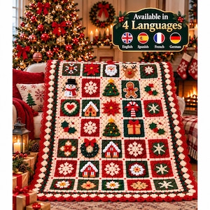 May include: A crochet blanket featuring a grid of squares in red, dark green, and cream. The squares are decorated with appliqués of a snowman, reindeer, gingerbread person, Christmas trees, snowflakes, houses, and a candy cane.