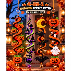 Op de afbeelding: Vier hangende haakdecoraties met Halloween-thema's, waaronder oranje pompoenen, paarse heksenhoeden, een zwarte kat, een gele halve maan, zwarte vleermuizen en een wit spookje. De tekst luidt 4-IN-1 HALLOWEEN CROCHET PATTERN PDF INSTRUCTIONS.