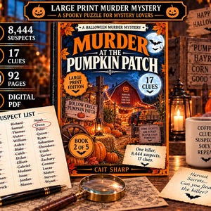 May include: A Murder at the Pumpkin Patch large print mystery book featuring 17 clues, 92 pages, and a digital PDF option. The cover displays a spooky farm scene with a barn, pumpkins, and a full moon. Includes a suspect list, magnifying glass, and mug.