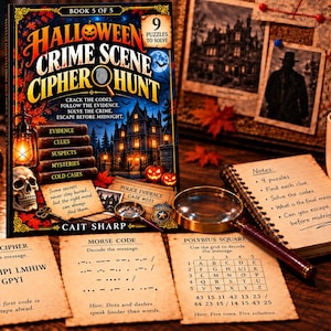 May include: A Halloween Crime Scene Cipher Hunt book cover featuring a haunted mansion, a skull, and a magnifying glass. Surrounding the book are three cipher cards, a notebook with notes, a magnifying glass, a pen, a camera, and a mug with text.