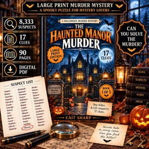 Può includere: Un libro intitolato The Haunted Manor Murder con una copertina raffigurante un maniero spettrale, una lista di sospettati, una lente d'ingrandimento, due chiavi e una zucca. Il libro contiene 8.333 sospettati, 17 indizi e 90 pagine in caratteri grandi.