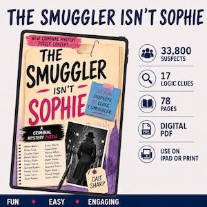 Puede incluir: Un rompecabezas de misterio criminal digital titulado The Smuggler Isn't Sophie, con una portada beige, una foto en blanco y negro de una persona con gabardina, una lista de nombres, una nota adhesiva azul con texto e iconos de 33.800 sospechosos.