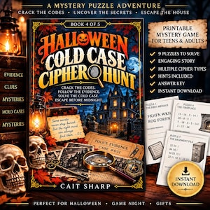 Nedladdning av chiffermysteriepusselbok, utskrivbart Halloween-escape room-spel, kuslig detektivaktivitet med kalla fall för tonåringar och vuxna