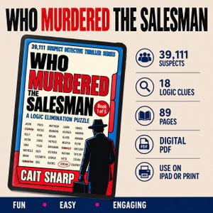 Könnte beinhalten: Ein digitales Tablet zeigt das Cover des Logikrätselbuchs Who Murdered The Salesman von Cait Sharp. Das Cover zeigt die Silhouette einer Person mit Hut und Anzug, eine Liste von Namen, von denen einige durchgestrichen sind, und den Text Book 1 of 5. Symbole zeigen 39.111 Verdächtige, 18 Logikrätsel, 89 Seiten, PDF-Format und Druckbarkeit.