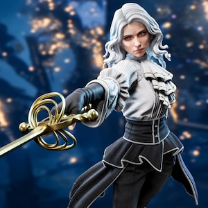 May include: A figurine featuring a person with long white hair, wearing a white ruffled shirt with gold accents and black trousers with white trim. The figure holds a gold-colored sword with a complex, swirling hilt in a forward-facing pose.