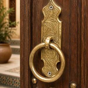 May include: A brass door knocker featuring a circular ring attached to an elongated, vertically oriented backplate with an intricate engraved leaf pattern. The hardware is mounted onto a dark brown wooden door with visible wood grain texture.