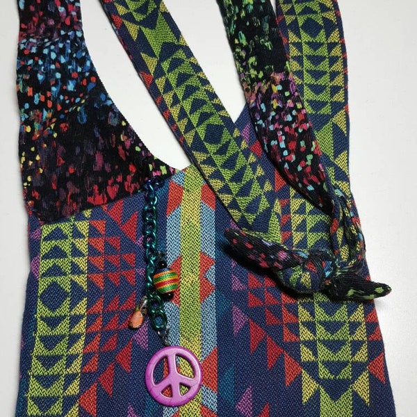 Crossbody Bag  Reversible Washable  "NEON AZTEC " Criss Cross  Purse Tribal Boho with Keychain / Bagcharm