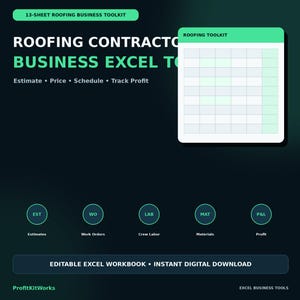 Roofing Contractor Business Excel Toolkit | Estimate, Pricing, Work Order and Profit Tracker