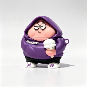May include: A purple silicone protective case for wireless earbuds shaped like a cartoon character wearing a purple hoodie with the text UNBEAT, black pants, and white sneakers, while holding a white ice cream cone in one hand.