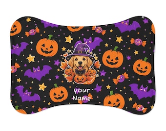 Halloween Golden Retriever Pet Mat, Personalized Dog Feeding Mat, Cute Ghost Pumpkin Dog Placemat, Custom Name Pet Food Mat, Spooky Pet Gift