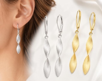 Twist Drop Earrings for Women, Gold Silver Long Dangle Earrings, Brushed Leaf Earrings, Lightweight Minimalist Jewelry, Gift for Her