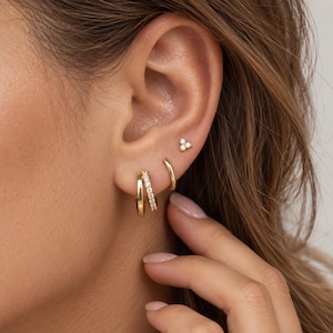 Gold Earrings Set, Dainty Huggie Hoop Earrings, CZ Ear Stack Earrings, Minimalist Multiple Piercing Earrings, Gold Hoop and Stud Set