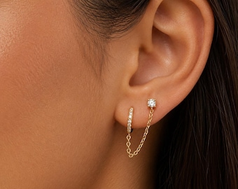 Doppelte Ohrhänger-Kette, 14 Karat vergoldete Zirkonia-Creolen, zierliche Ohrstecker, minimalistischer Ohrschmuck