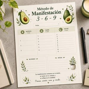 Puede incluir: Una hoja de papel para planificar la manifestación con el texto 'Método de Manifestación 3-6-9', ilustraciones de aguacates verdes, secciones para mañana, tarde y noche, recuadros para deseos y notas, y texto inspirador en la parte inferior.
