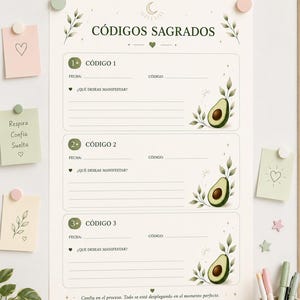 May include: A white paper sheet titled CÓDIGOS SAGRADOS with three sections for recording dates, codes, and manifestations. Each section features a green avocado illustration with leaves. The design includes a moon icon and text in Spanish.