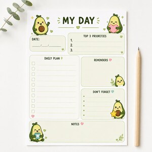 Puede incluir: Una hoja de planificador diario titulada MY DAY con ilustraciones de aguacates. El diseño incluye secciones para fecha, prioridades, plan diario con casillas, recordatorios, cosas por no olvidar y notas, decorado con corazones y detalles verdes.