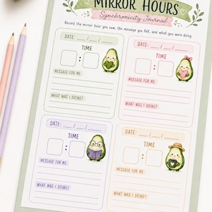 Op de afbeelding: Een lichtgroen klembord met een bedrukt Mirror Hours Synchronicity Journal-vel. De pagina bevat vier secties met velden voor datum, tijd, bericht en activiteit, versierd met kleine aquarel avocado-illustraties en pastelkleurige randen.