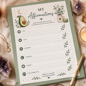 Puede incluir: Una hoja de papel rectangular titulada MY Affirmations con un borde verde. Presenta ilustraciones de un aguacate, una planta en maceta y una vela. El texto incluye indicaciones como I AM, I CAN, I DESERVE, I CHOOSE, I TRUST.