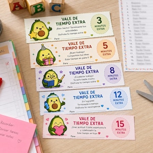 Puede incluir: Cinco cupones rectangulares de papel titulados VALE DE TIEMPO EXTRA con ilustraciones de aguacates. Cada cupón indica un tiempo extra de 3, 5, 8, 12 o 15 minutos, con texto en español y una línea en blanco para escribir un nombre.