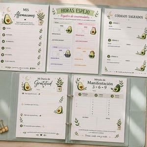 May include: A set of five printed planner pages featuring avocado illustrations and Spanish text including Mis Afirmaciones, Horas Espejo, Códigos Sagrados, Mi Diario de Gratitud, and Método de Manifestación 3-6-9, organised within a light green binder.